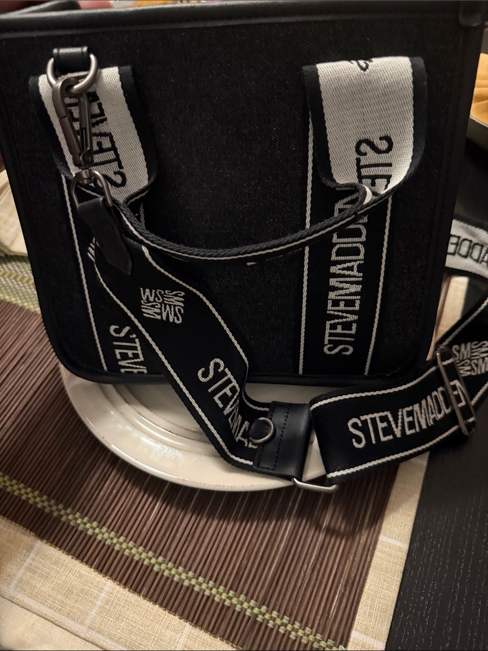 Steve Madden Black and White Logo-Strap Messenger Bag - Picture 3 of 6
